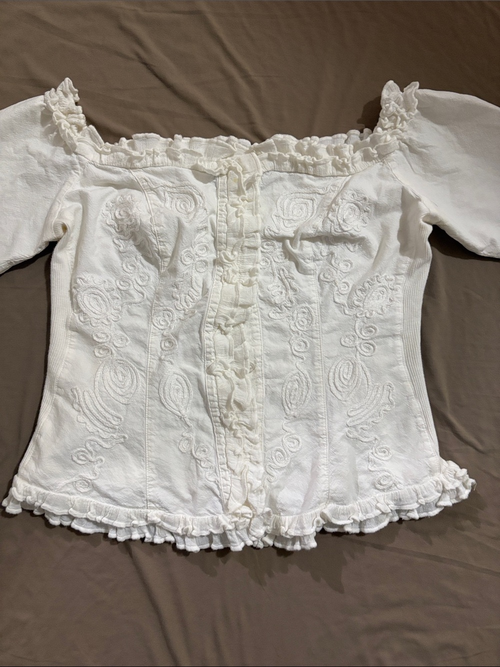 White Off-Shoulder Embroidered Ruffle Peasant Blouse